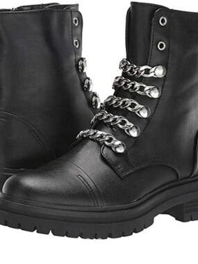 Circus by Sam Edelman Black Leather Combat Boots with Silver Chain Laces